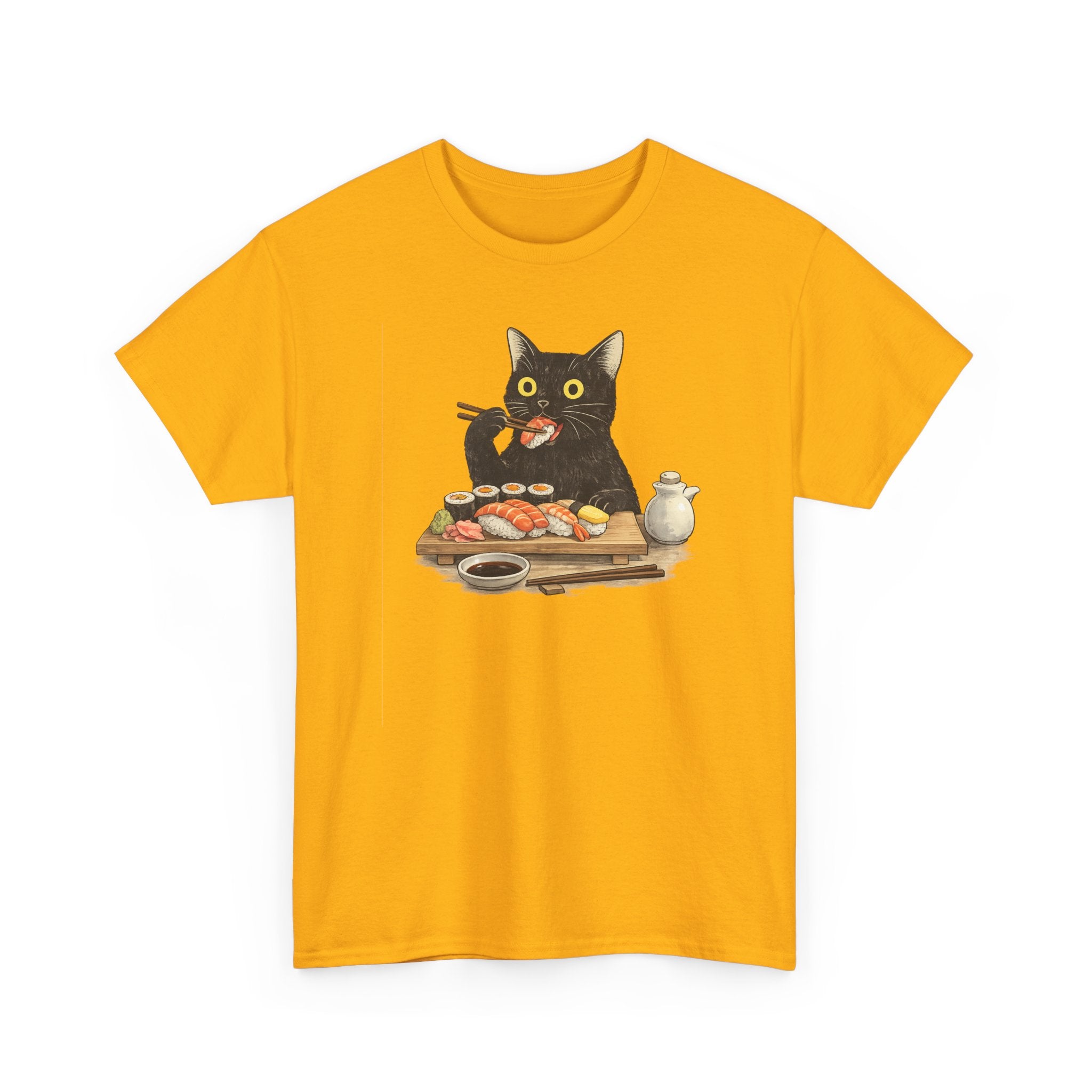 Unisex Heavy Cotton Tee, cat eating sushi