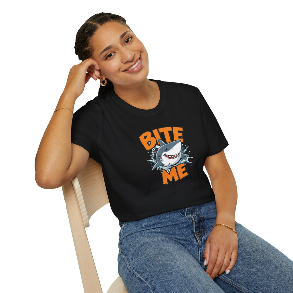 Unisex Softstyle T-Shirt,Bite Me Shark Shirt, Funny Beach Tee, Summer Ocean Shirt, Shark Lover Gift, Coastal Humor T-Shirt