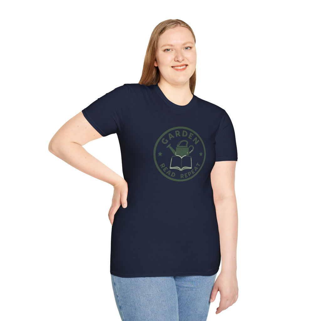 Unisex Softstyle T-Shirt,Garden Read Repeat Shirt, Gardening Book Lover Tee, Plant Reader Gift, Garden Lover T-Shirt, Bookish Gardener Tee
