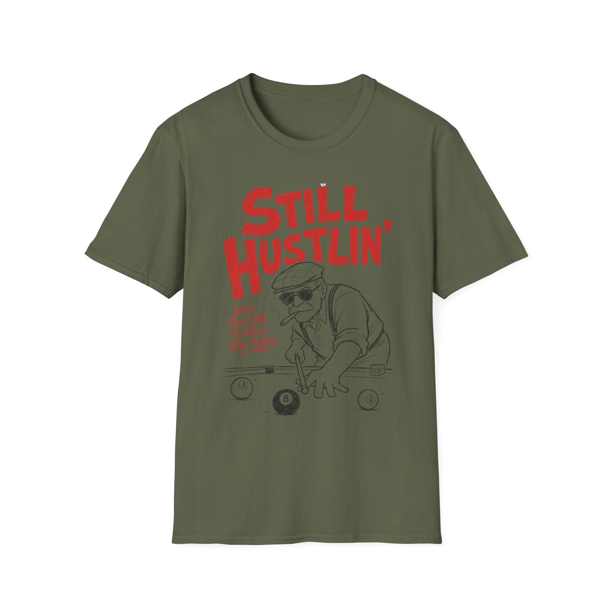 Unisex Softstyle T-Shirt, pool player still hustling