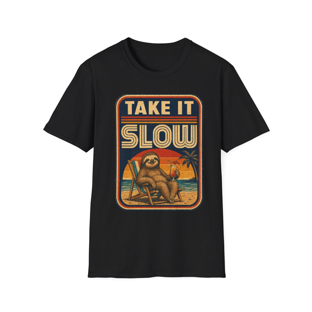 Unisex Softstyle T-Shirt, sloth chilling on beach