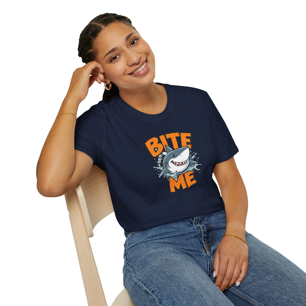 Unisex Softstyle T-Shirt,Bite Me Shark Shirt, Funny Beach Tee, Summer Ocean Shirt, Shark Lover Gift, Coastal Humor T-Shirt