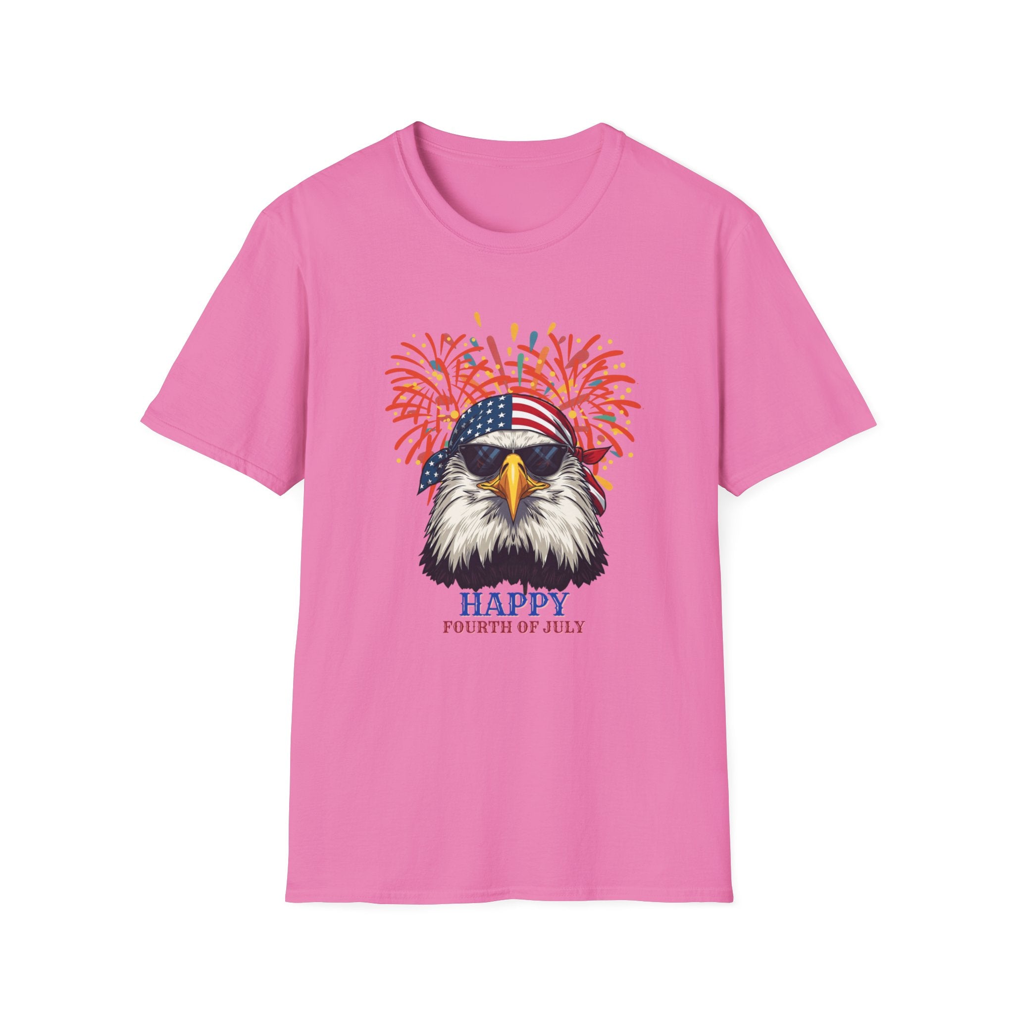 Unisex Softstyle T-Shirt, Funny American Eagle Sunglasses Shirt, Fourth of July Fireworks Tee, USA Pride Patriotic T-Shirt