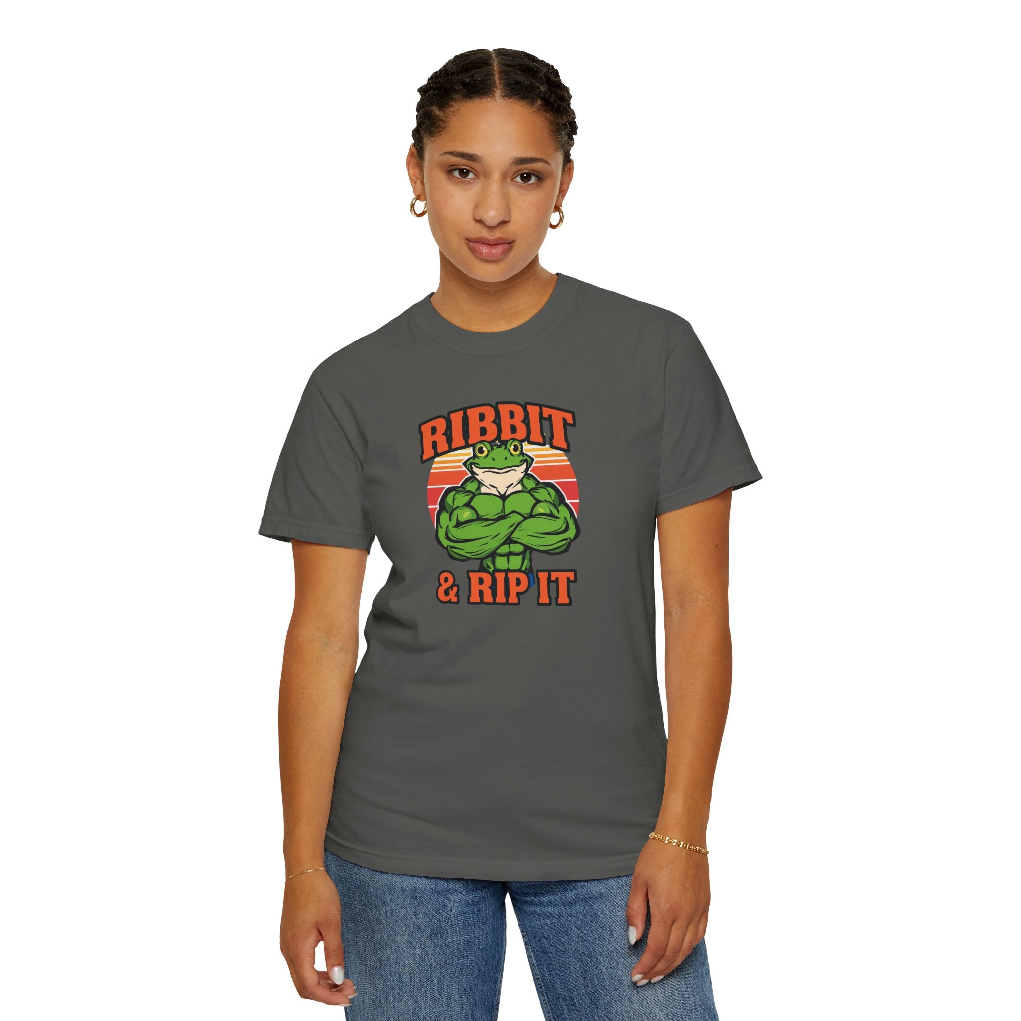 Unisex Garment-Dyed T-shirt,Bodybuilder frog flexing.