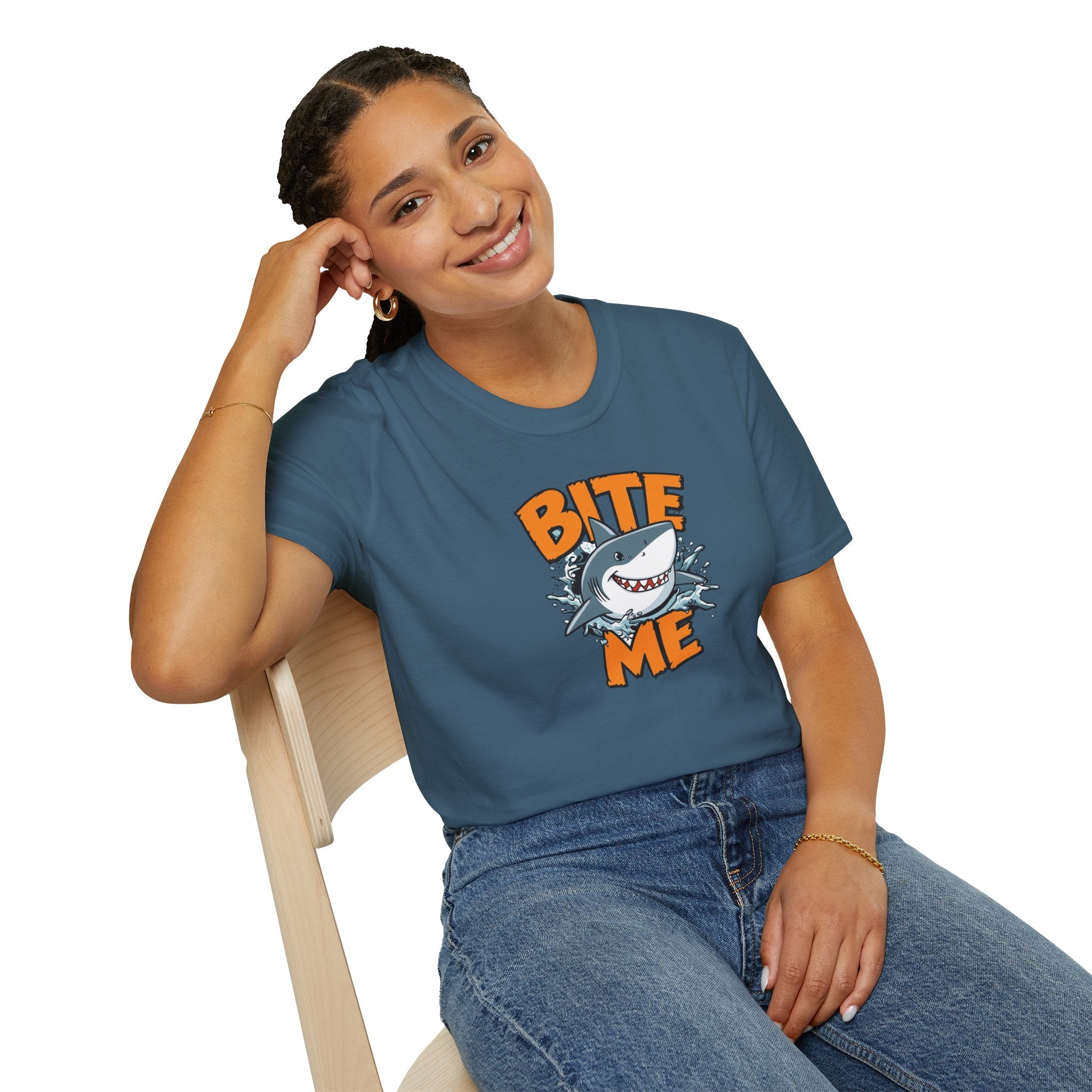 Unisex Softstyle T-Shirt,Bite Me Shark Shirt, Funny Beach Tee, Summer Ocean Shirt, Shark Lover Gift, Coastal Humor T-Shirt