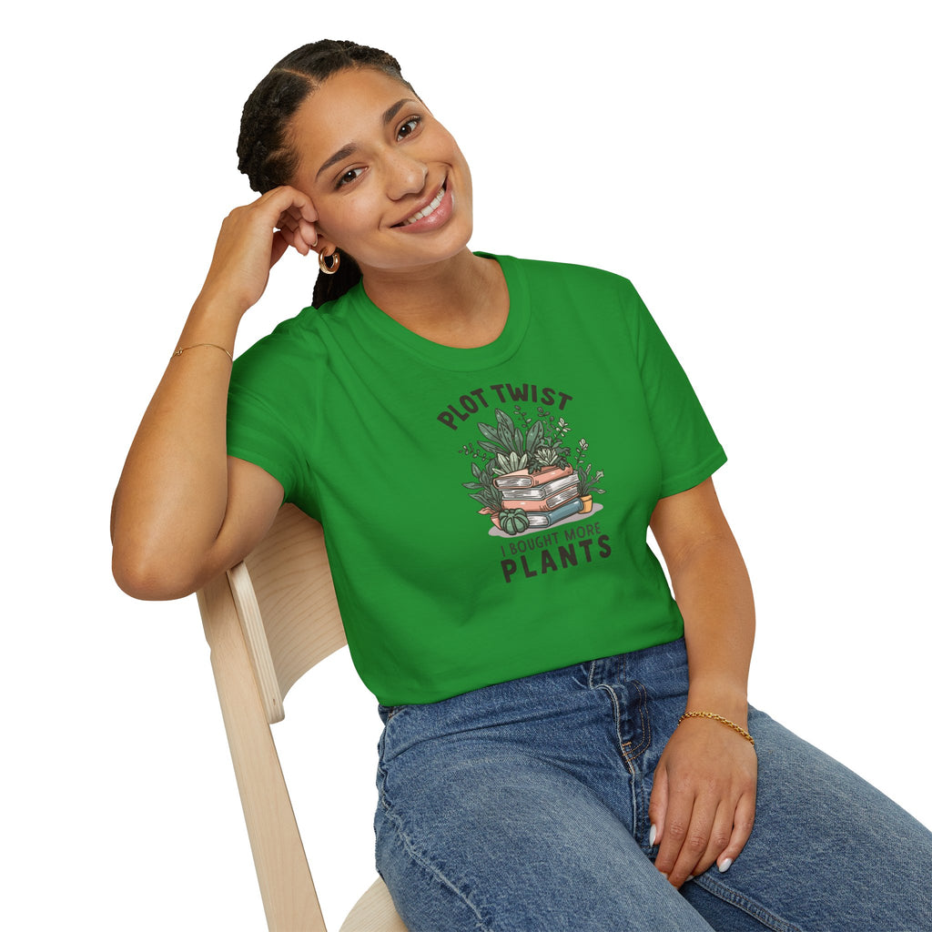 Unisex Softstyle T-Shirt,Plot Twist I Bought More Plants Shirt, Funny Plant Lover Tee, Book Lover Plant Mom Gift, Houseplant Humor T-Shirt
