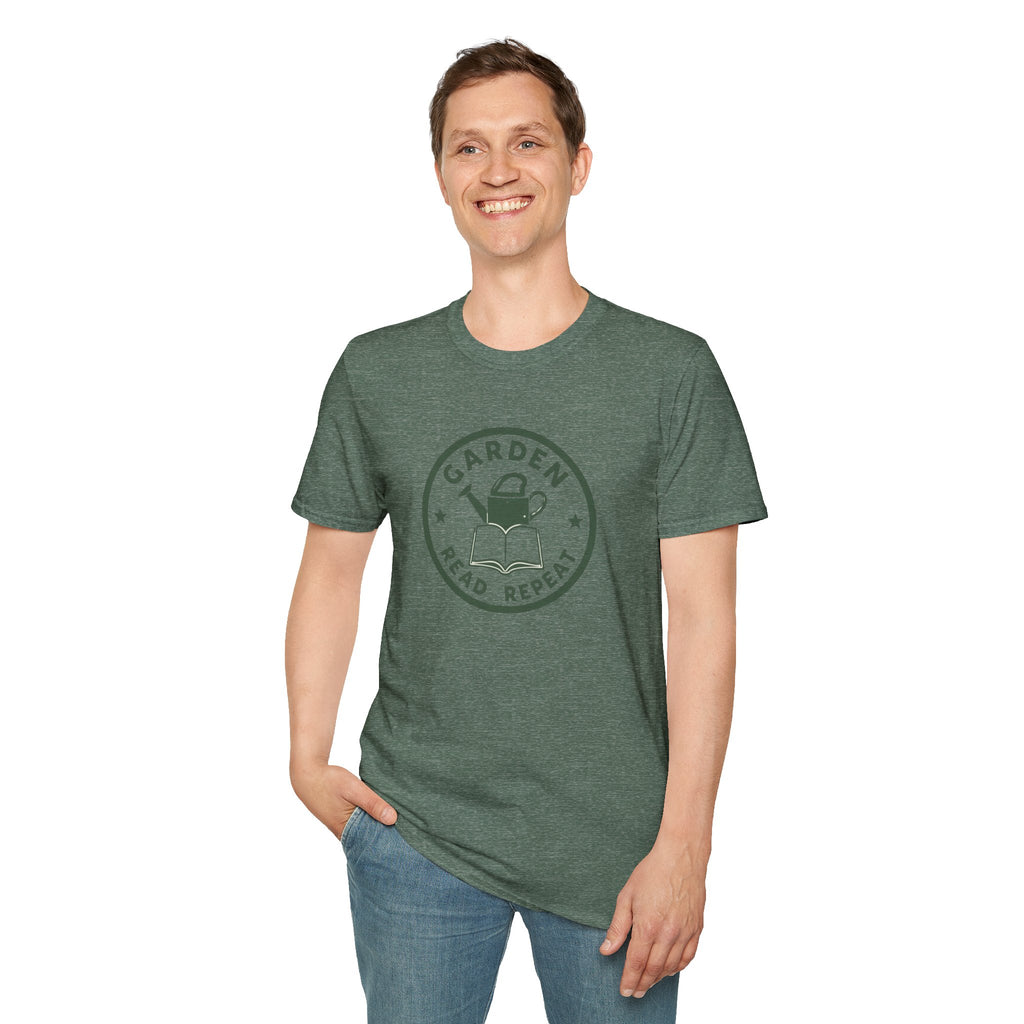 Unisex Softstyle T-Shirt,Garden Read Repeat Shirt, Gardening Book Lover Tee, Plant Reader Gift, Garden Lover T-Shirt, Bookish Gardener Tee
