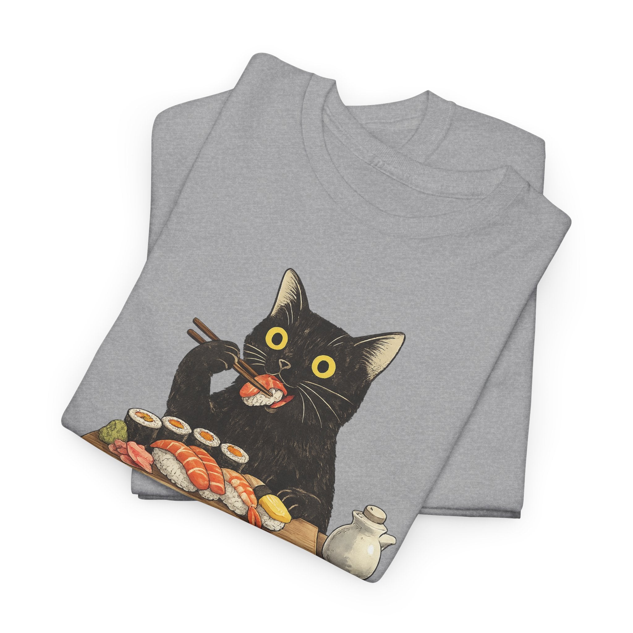 Unisex Heavy Cotton Tee, cat eating sushi