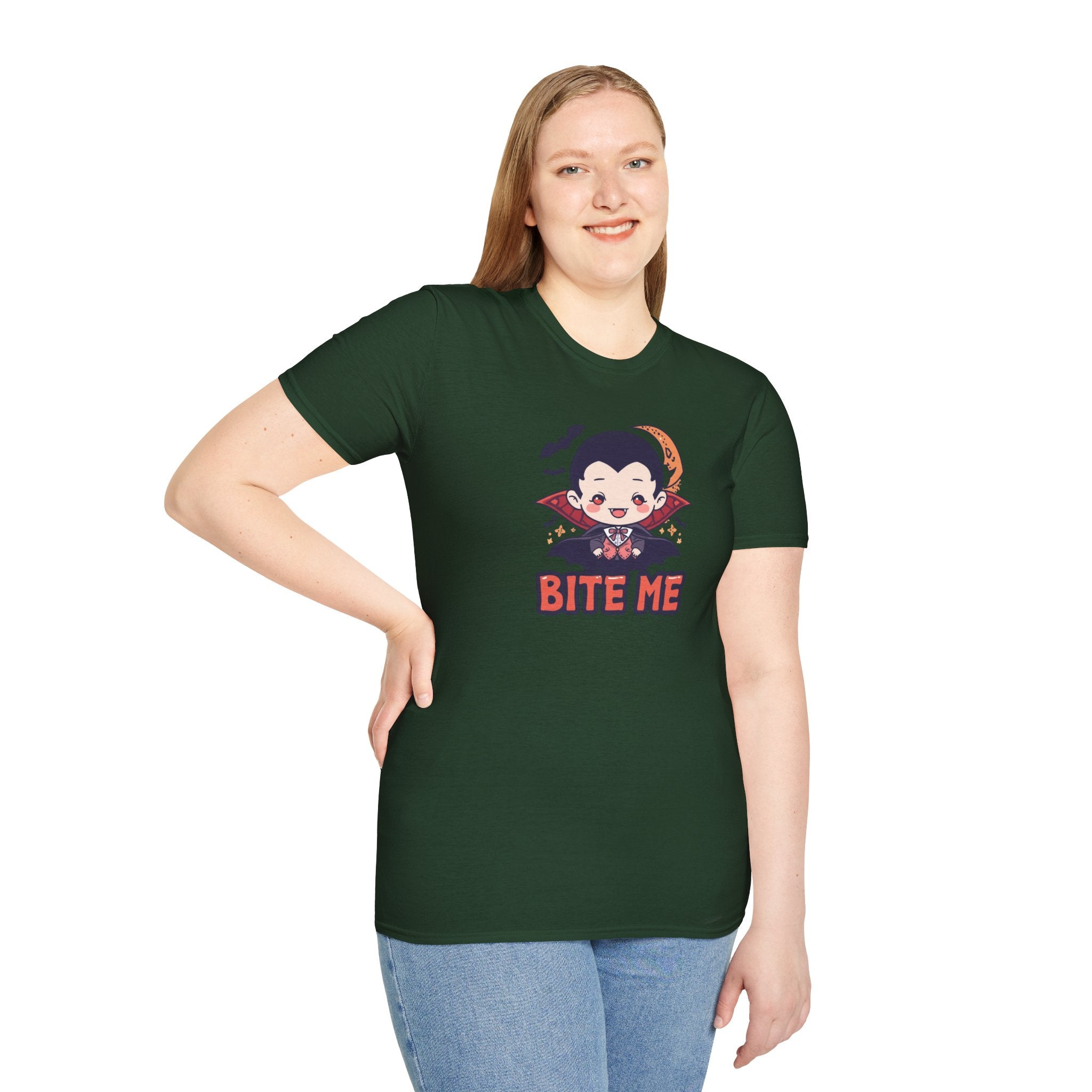 Unisex Softstyle T-Shirt,Bite Me Vampire Shirt, Cute Halloween Tee, Funny Spooky Shirt, Chibi Vampire T-Shirt, Gothic Funny Tee