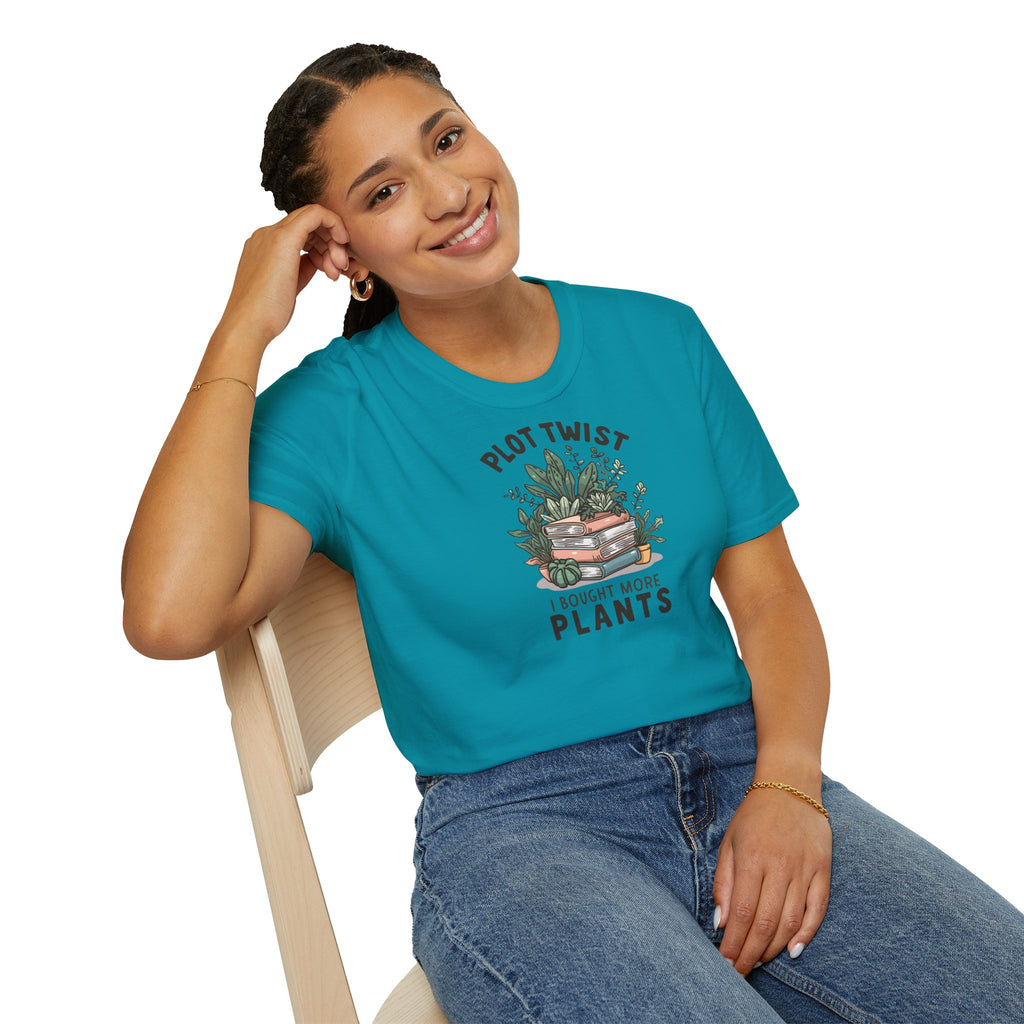 Unisex Softstyle T-Shirt,Plot Twist I Bought More Plants Shirt, Funny Plant Lover Tee, Book Lover Plant Mom Gift, Houseplant Humor T-Shirt