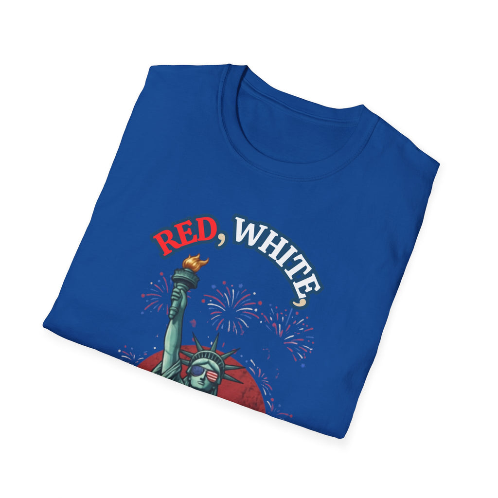 Unisex Softstyle T-Shirt, red white and bold statue of liberty
