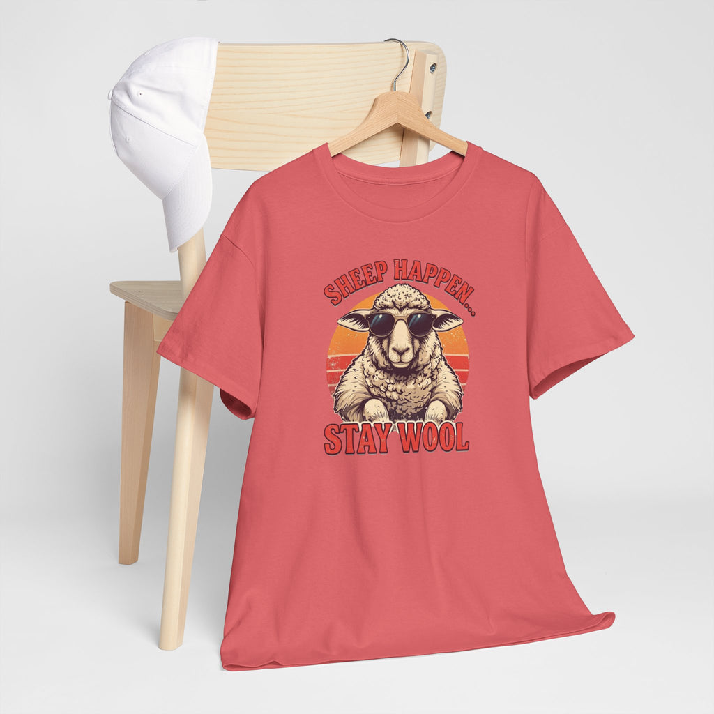 Unisex Heavy Cotton Tee,Sheep Happen Stay Wool Shirt, Retro Funny Sheep Tee, Vintage Animal Pun Shirt, Groovy Farm Humor T-Shirt, Cool Sheep Gift