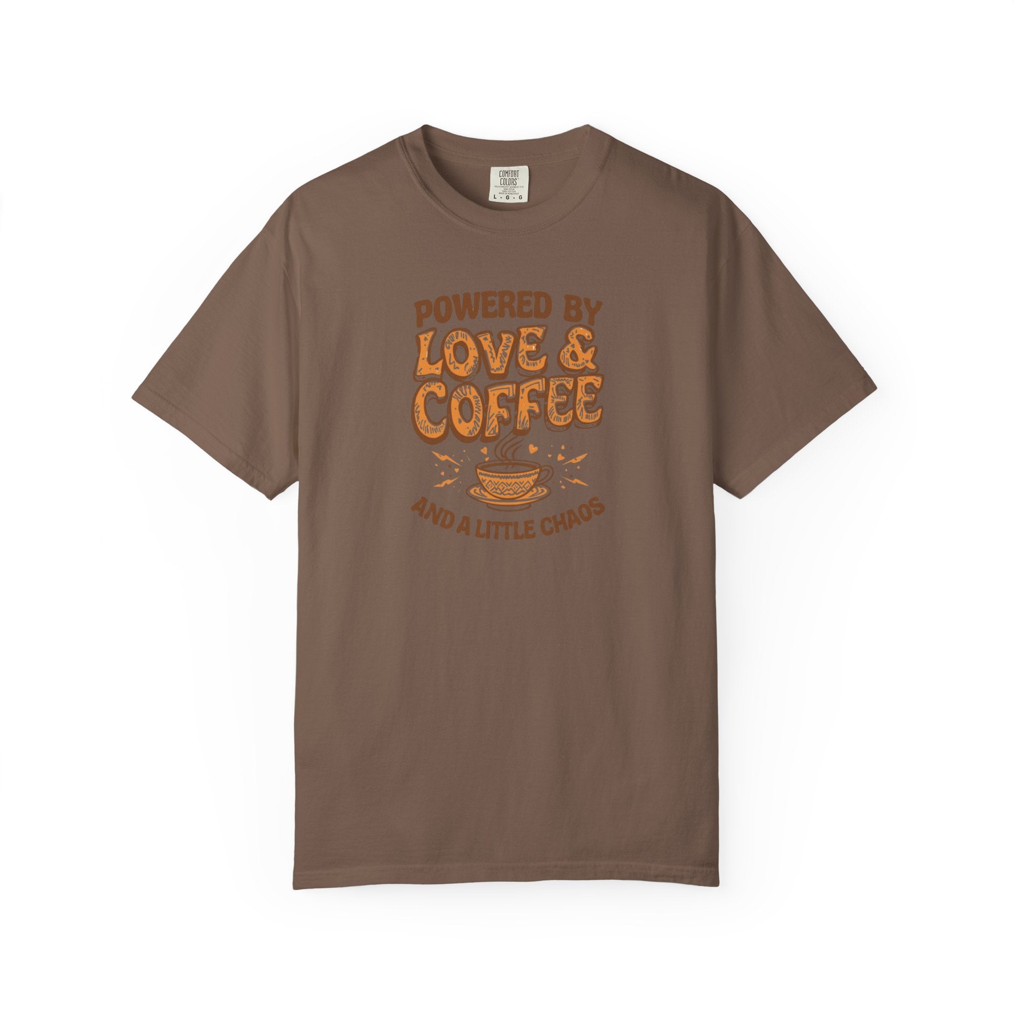 Unisex Garment-Dyed T-shirt, Mother’s Day Shirt, Mom Coffee Shirt, Powered by Love and Coffee Tee, Funny Mom Life Shirt, Gift for Mom, Cute Mama Shirt