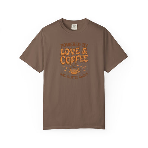 Unisex Garment-Dyed T-shirt, Mother’s Day Shirt, Mom Coffee Shirt, Powered by Love and Coffee Tee, Funny Mom Life Shirt, Gift for Mom, Cute Mama Shirt