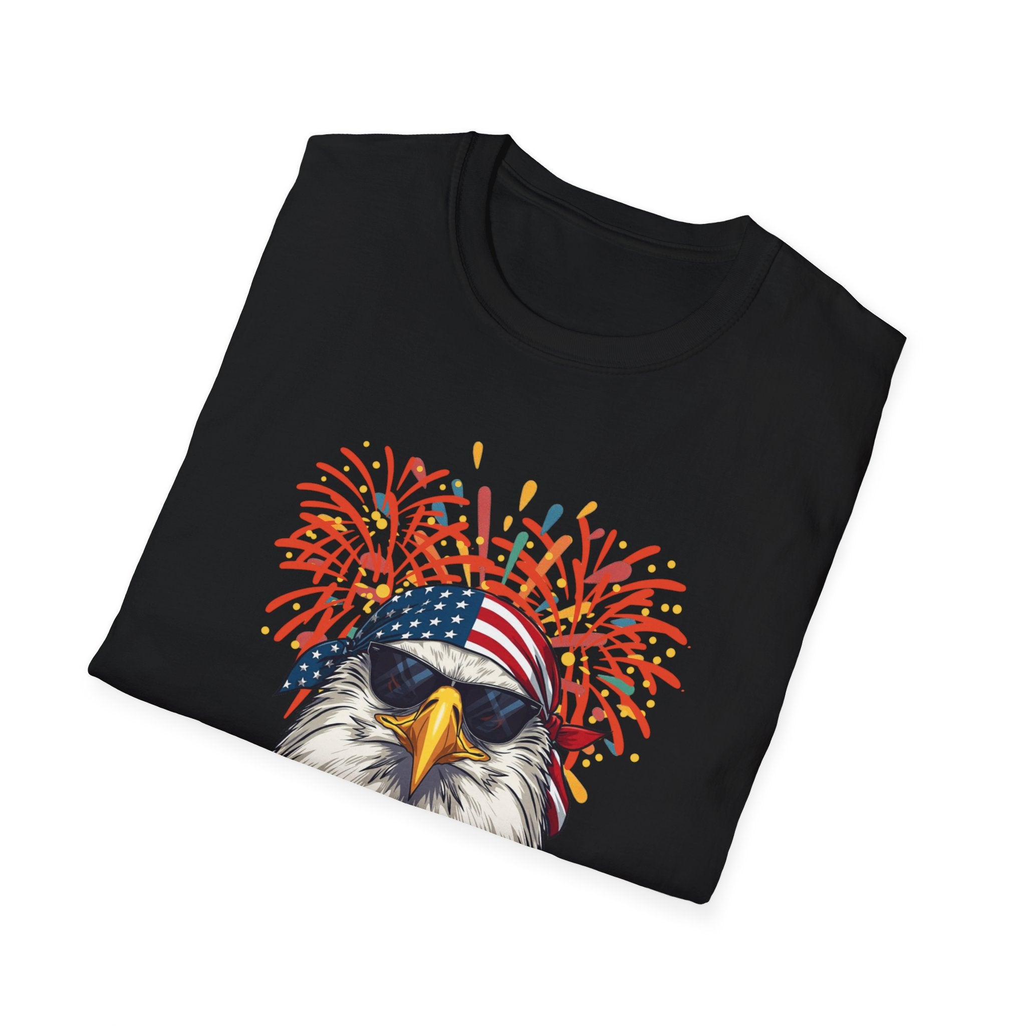 Unisex Softstyle T-Shirt, Funny American Eagle Sunglasses Shirt, Fourth of July Fireworks Tee, USA Pride Patriotic T-Shirt