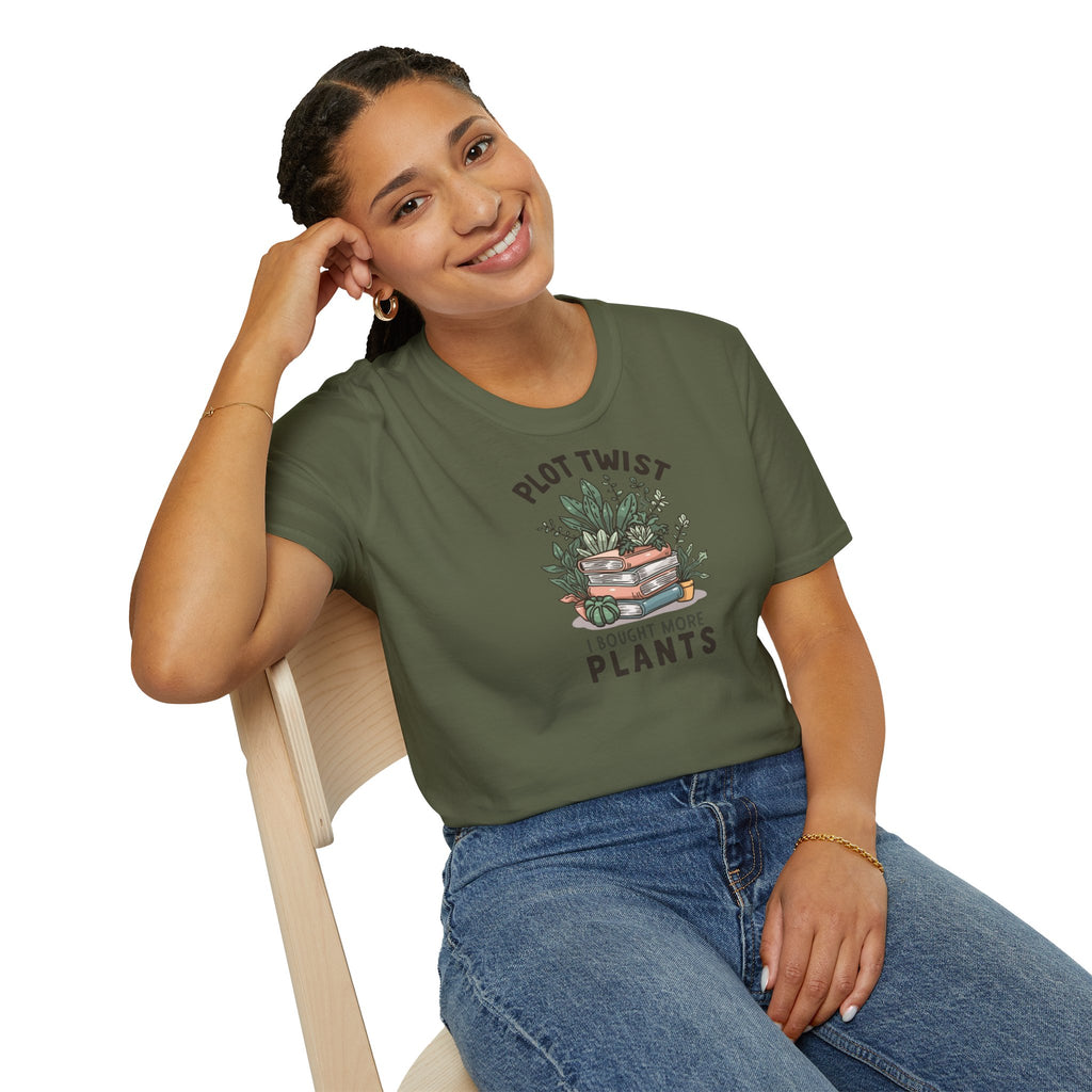 Unisex Softstyle T-Shirt,Plot Twist I Bought More Plants Shirt, Funny Plant Lover Tee, Book Lover Plant Mom Gift, Houseplant Humor T-Shirt