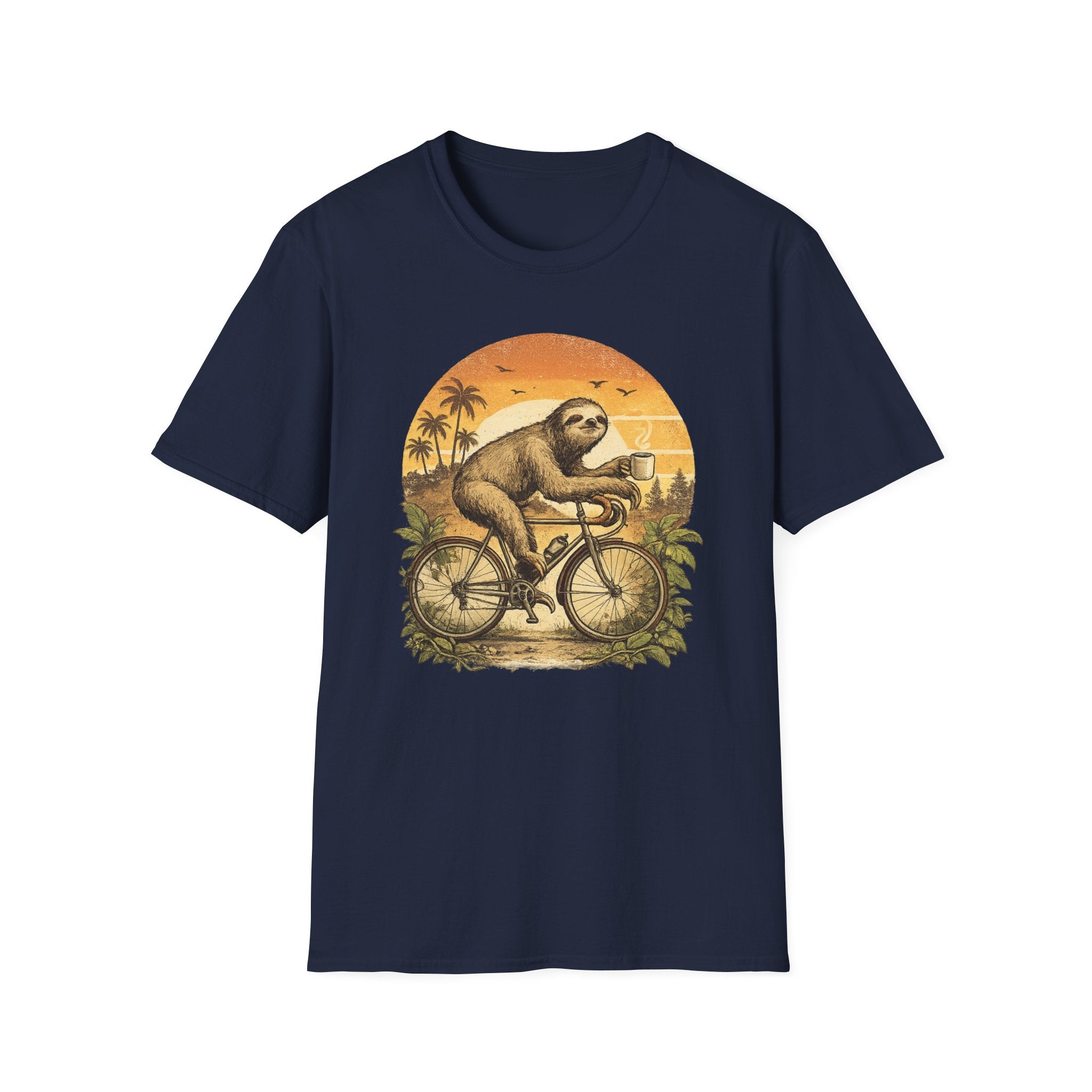 Unisex Softstyle T-Shirt, Sloth Riding Bicycle Shirt, Funny Lazy Sloth Tee, Vintage Animal Bike Shirt, Chill Sloth Graphic, Cute Cycling Shirt