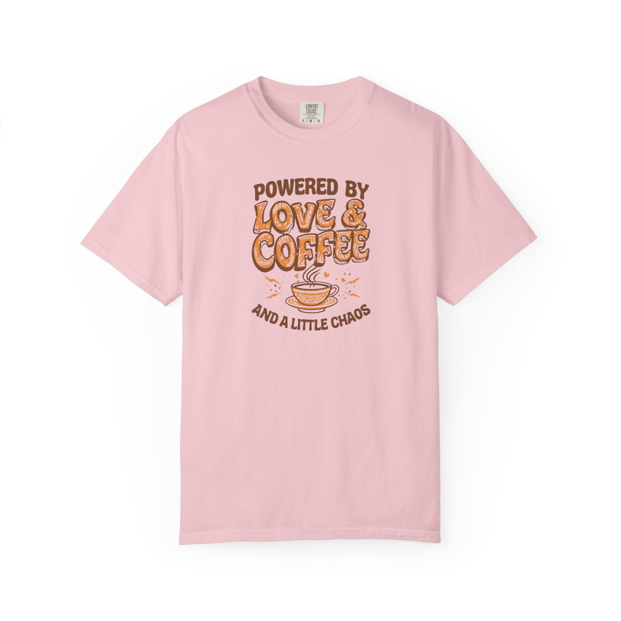 Unisex Garment-Dyed T-shirt, Mother’s Day Shirt, Mom Coffee Shirt, Powered by Love and Coffee Tee, Funny Mom Life Shirt, Gift for Mom, Cute Mama Shirt