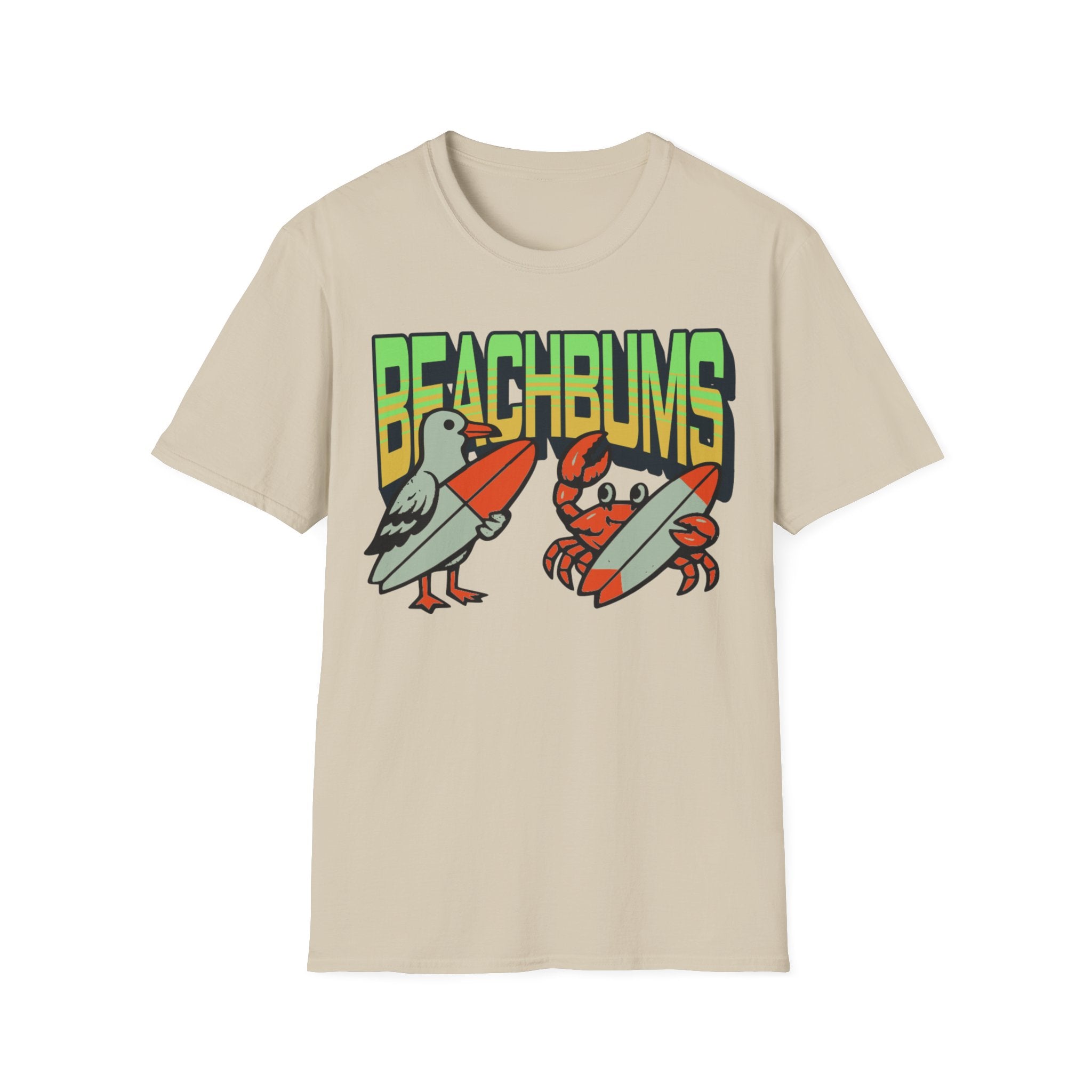 Unisex Softstyle T-Shirt, beachbums shirt, seagull and craps holding surf board
