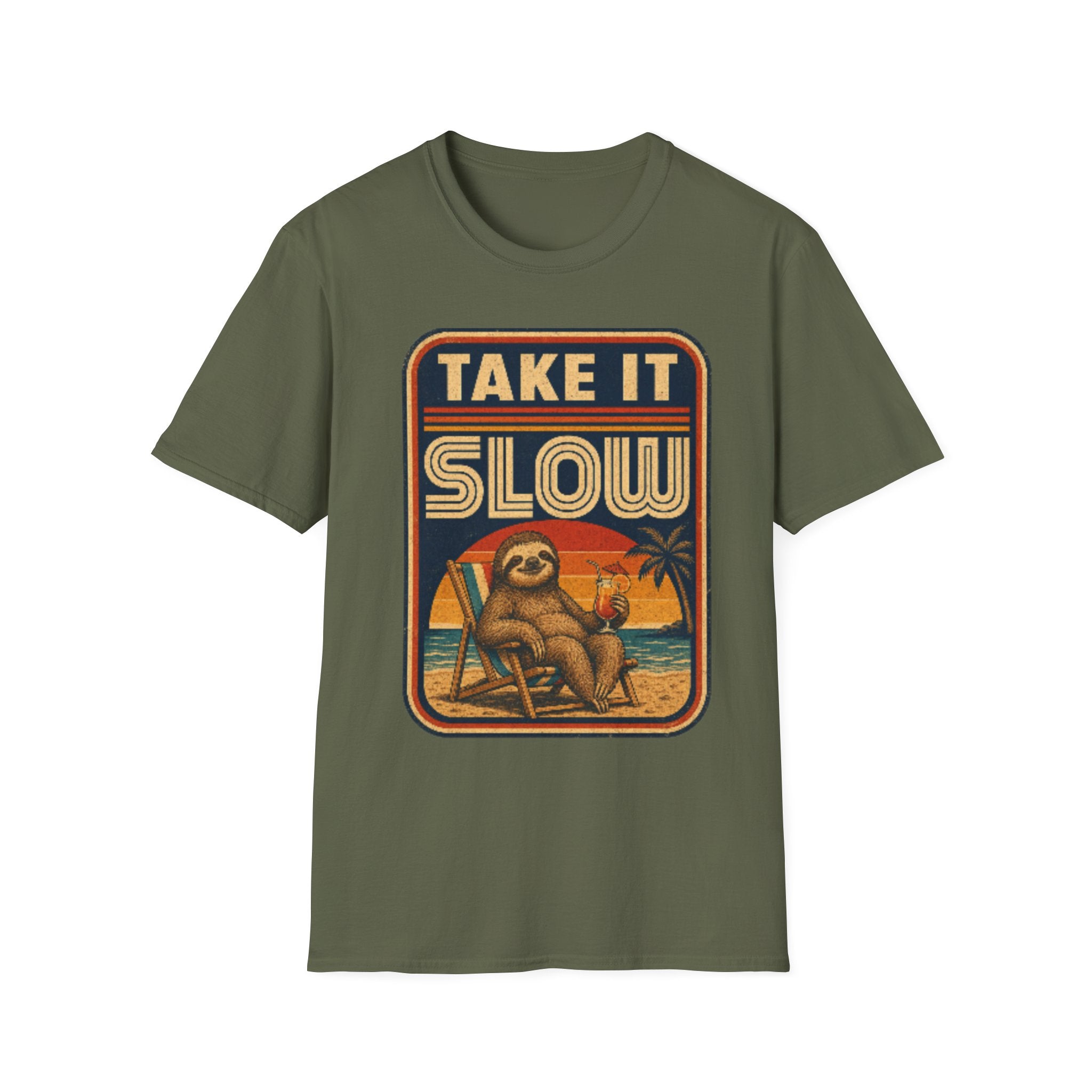 Unisex Softstyle T-Shirt, sloth chilling on beach