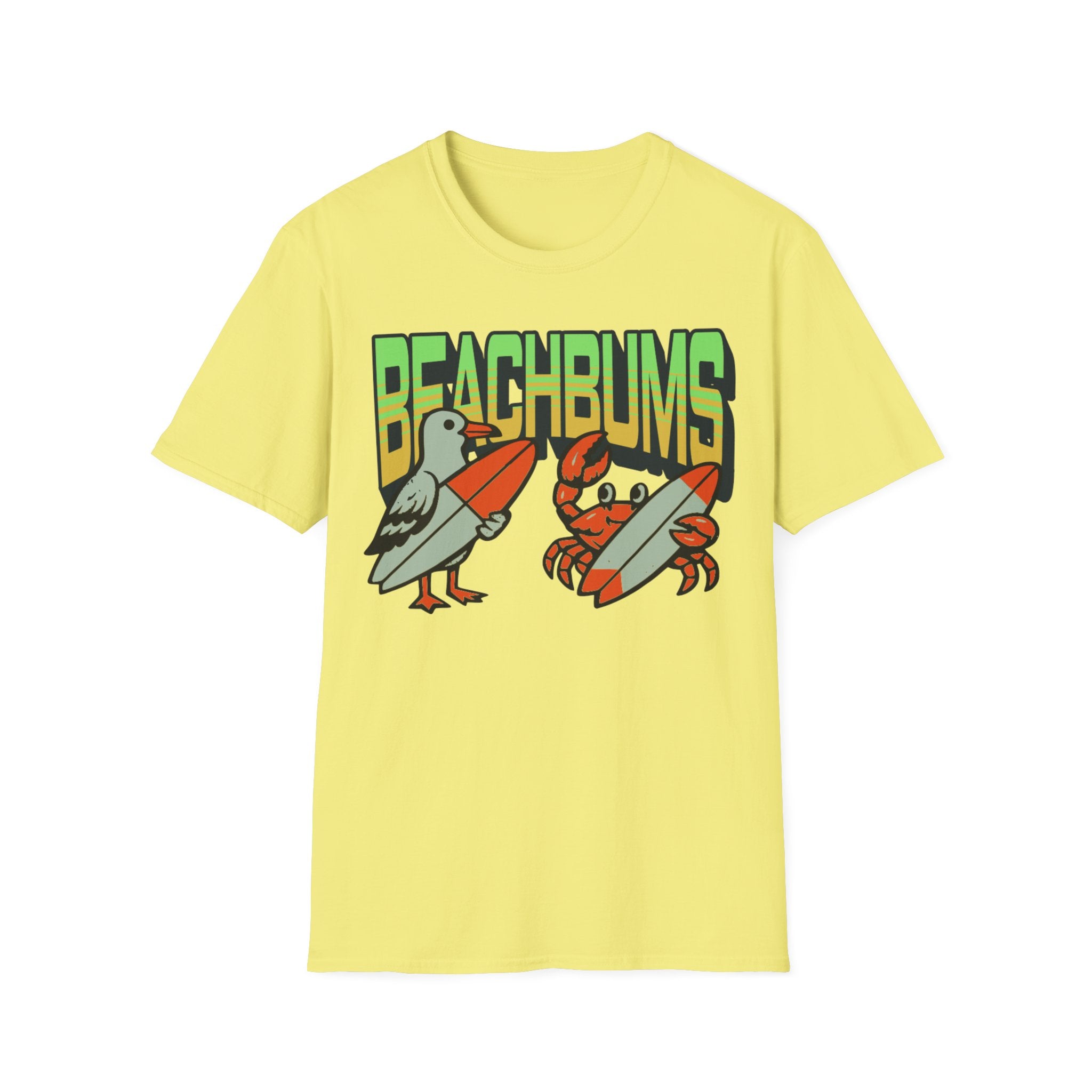 Unisex Softstyle T-Shirt, beachbums shirt, seagull and craps holding surf board