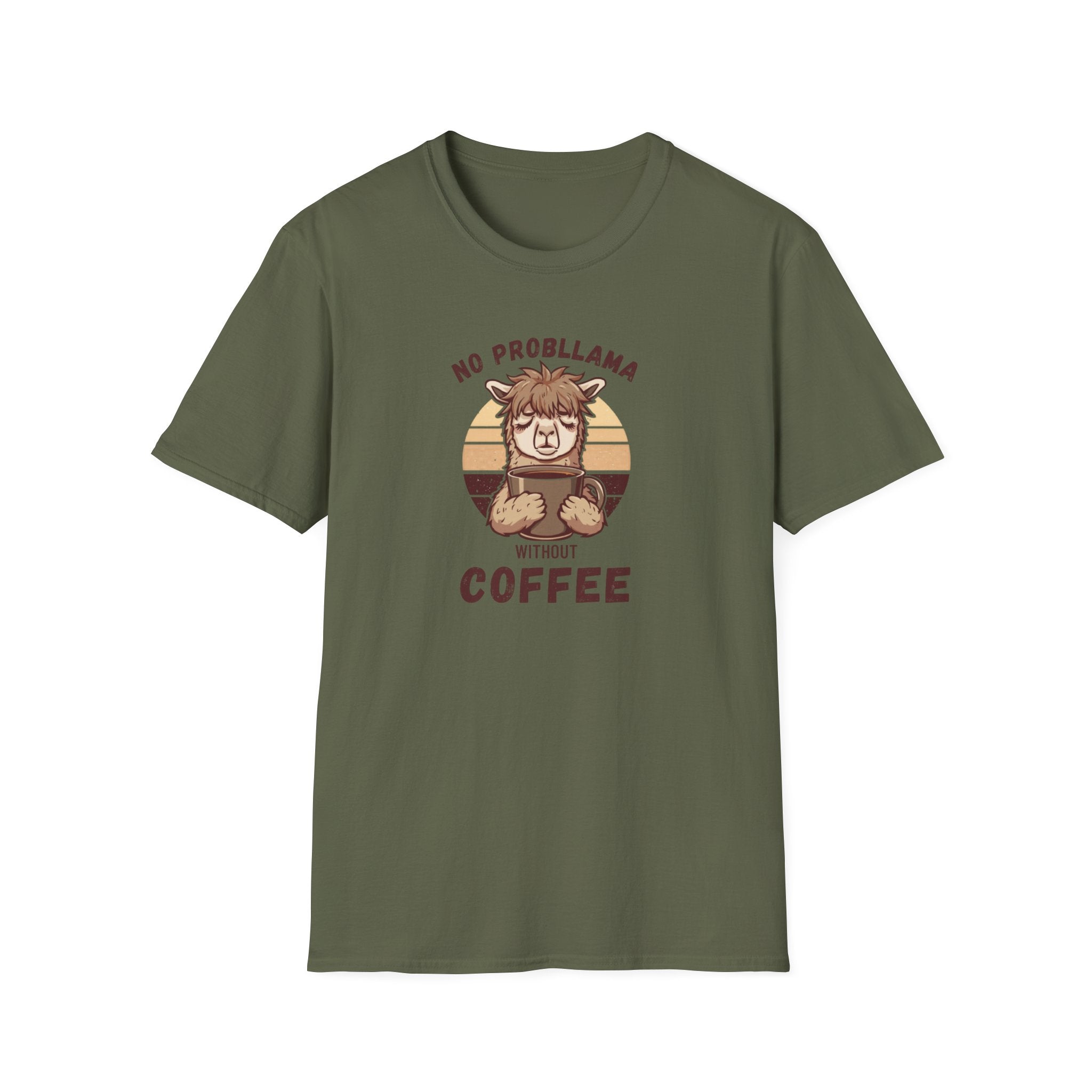 Unisex Softstyle T-Shirt, No Probllama Without Coffee Shirt, Funny Alpaca Coffee Tee, Sarcastic Morning Shirt, Coffee Addict Gift, Cute Animal Pun T-Shirt