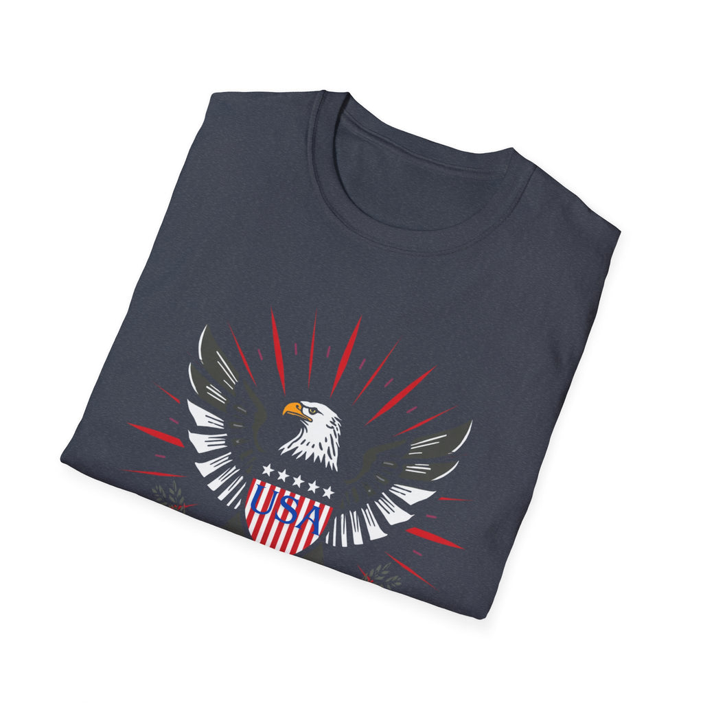 Unisex Softstyle T-Shirt, bold vector emblem, eagle crest, shield badge, patriotic colors, fireworks rays, clean lines, symmetrical design