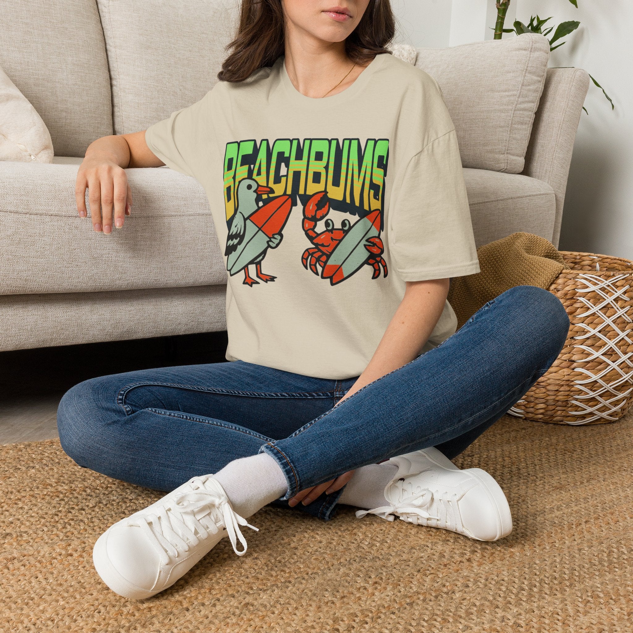 Unisex Softstyle T-Shirt, beachbums shirt, seagull and craps holding surf board