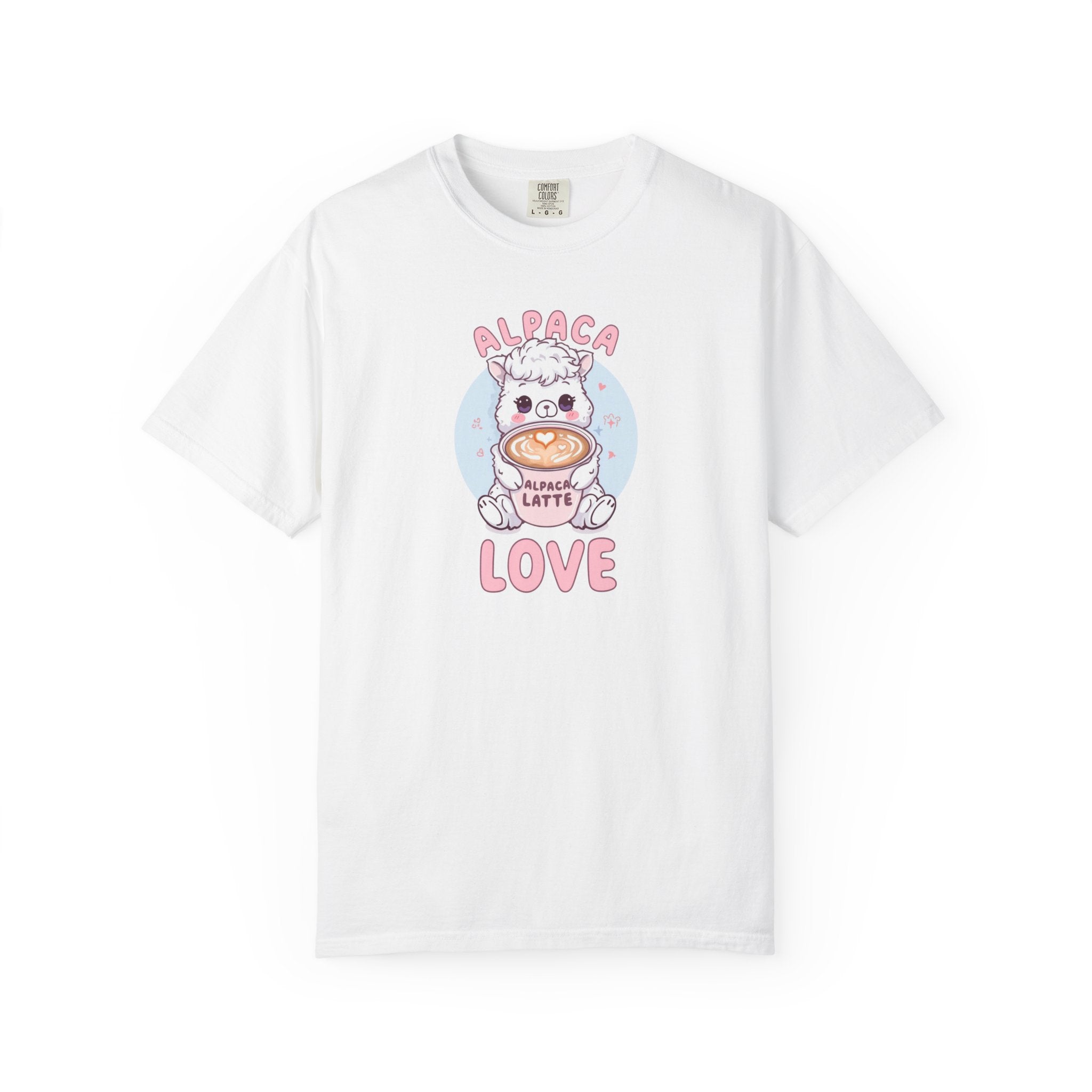 Unisex Garment-Dyed T-shirt, Alpaca Latte Love Shirt, Cute Coffee Lover Tee, Kawaii Alpaca Gift, Aesthetic Barista Shirt, Sweet Animal Graphic Tee