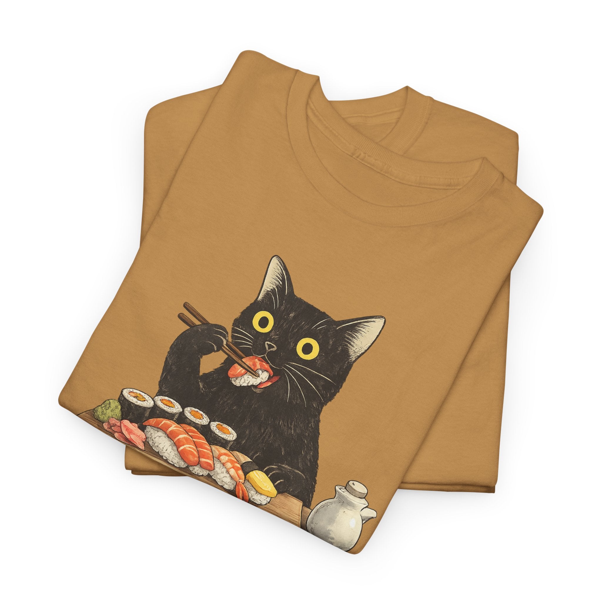 Unisex Heavy Cotton Tee, cat eating sushi