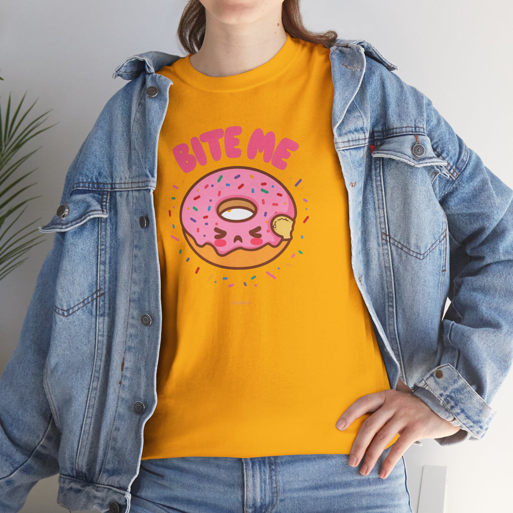 Unisex Heavy Cotton Tee,Bite Me Donut Shirt, Funny Food Tee, Cute Kawaii Donut T-Shirt, Sweet Humor Shirt, Bakery Lover Gift