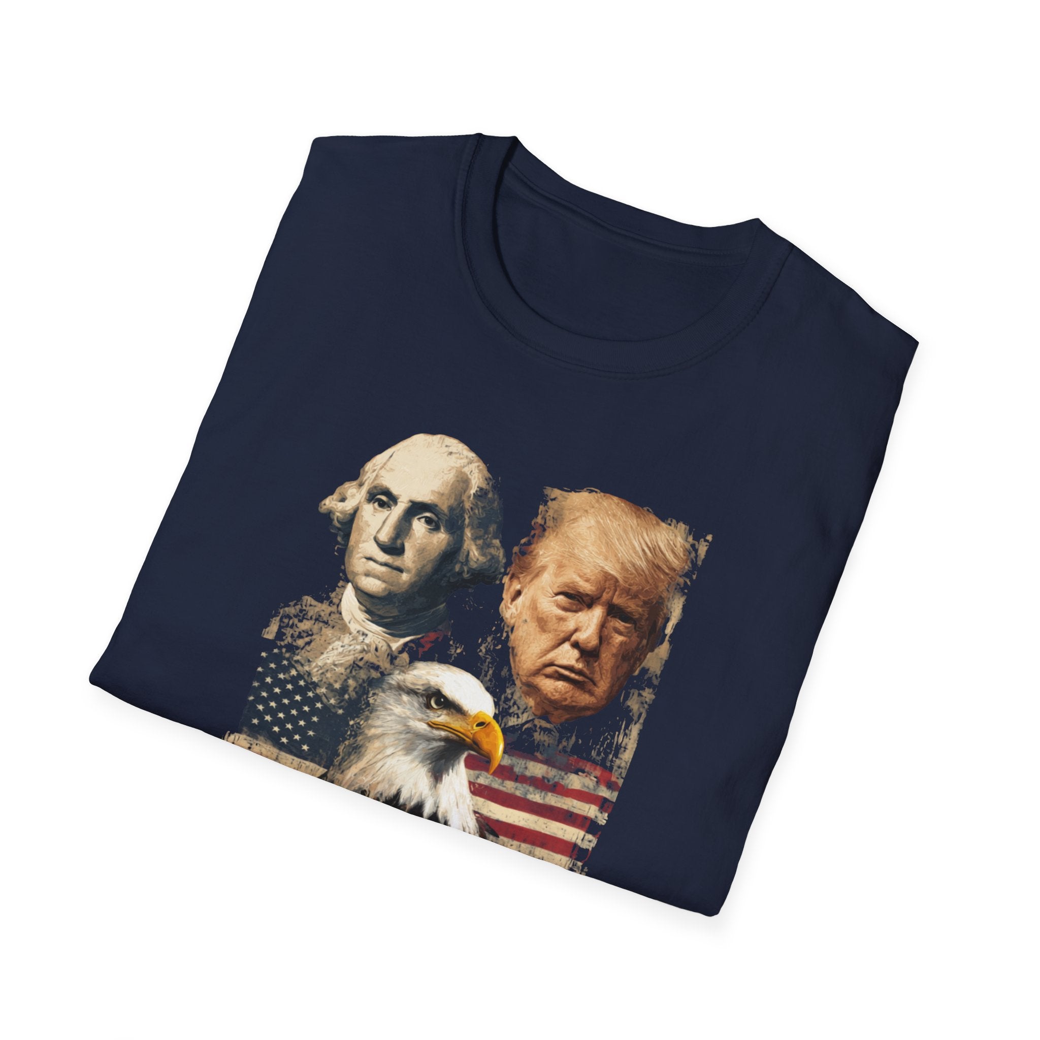 Unisex Softstyle T-Shirt, Faces Of Freedom Shirt, Washington Trump Patriotic Tee, American Eagle Flag Shirt, 4th of July Split Design USA Shirt