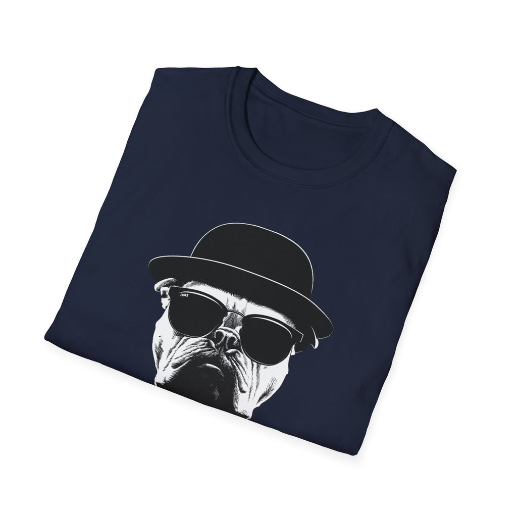 Unisex Softstyle T-Shirt, Bull Dog wearing Sun Glasses