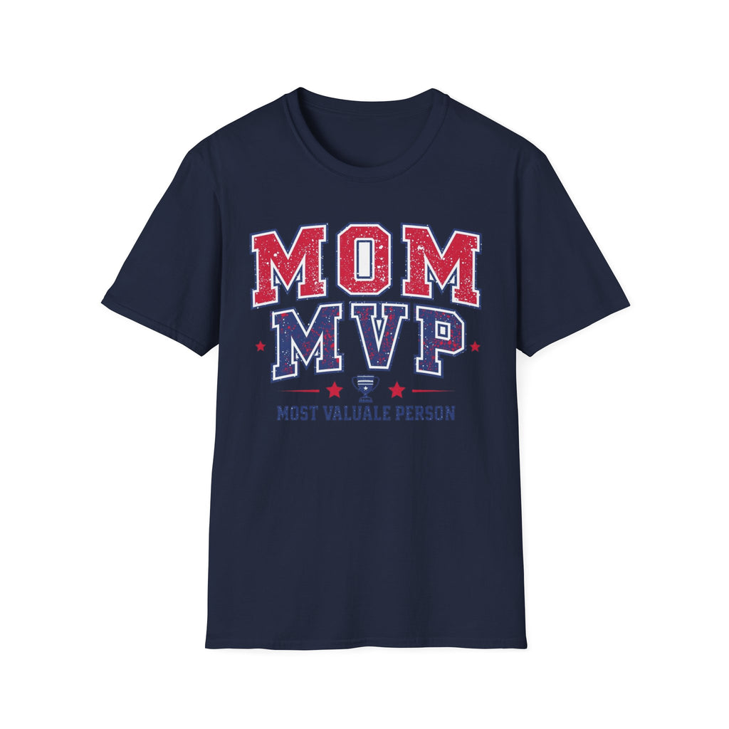 Unisex Softstyle T-Shirt, Mother’s Day Mom MVP Shirt, Most Valuable Mom T-Shirt, Sports Mom Gift, Baseball Football Mom Tee, Athletic Varsity Style Shirt