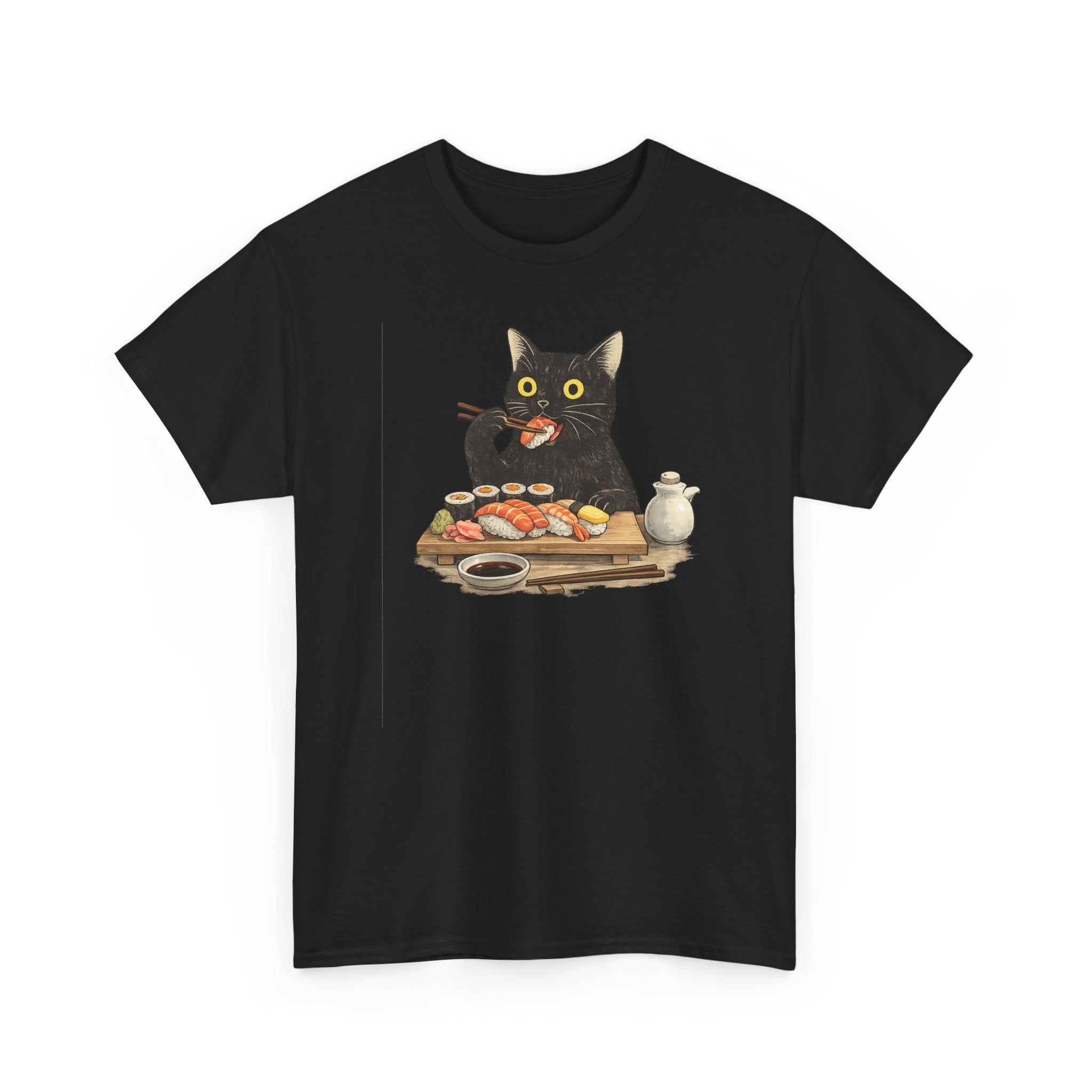 Unisex Heavy Cotton Tee, cat eating sushi