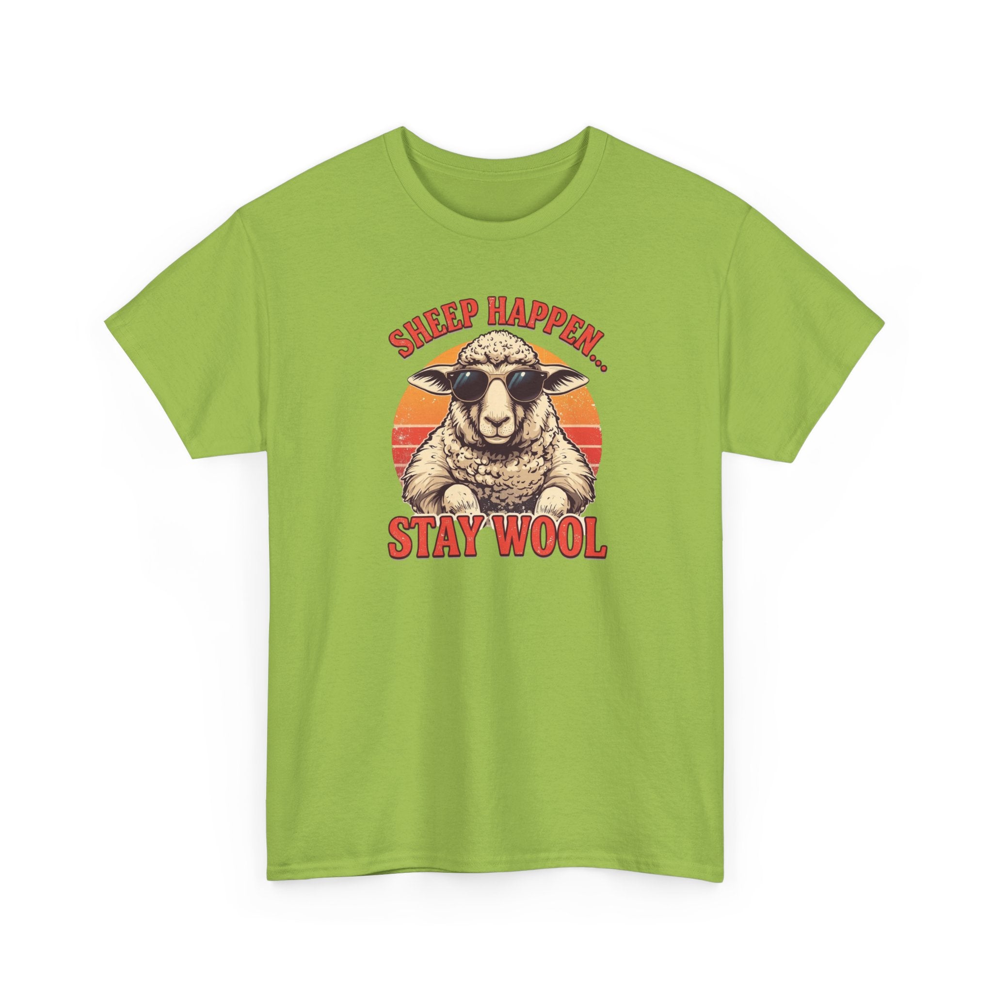 Unisex Heavy Cotton Tee,Sheep Happen Stay Wool Shirt, Retro Funny Sheep Tee, Vintage Animal Pun Shirt, Groovy Farm Humor T-Shirt, Cool Sheep Gift