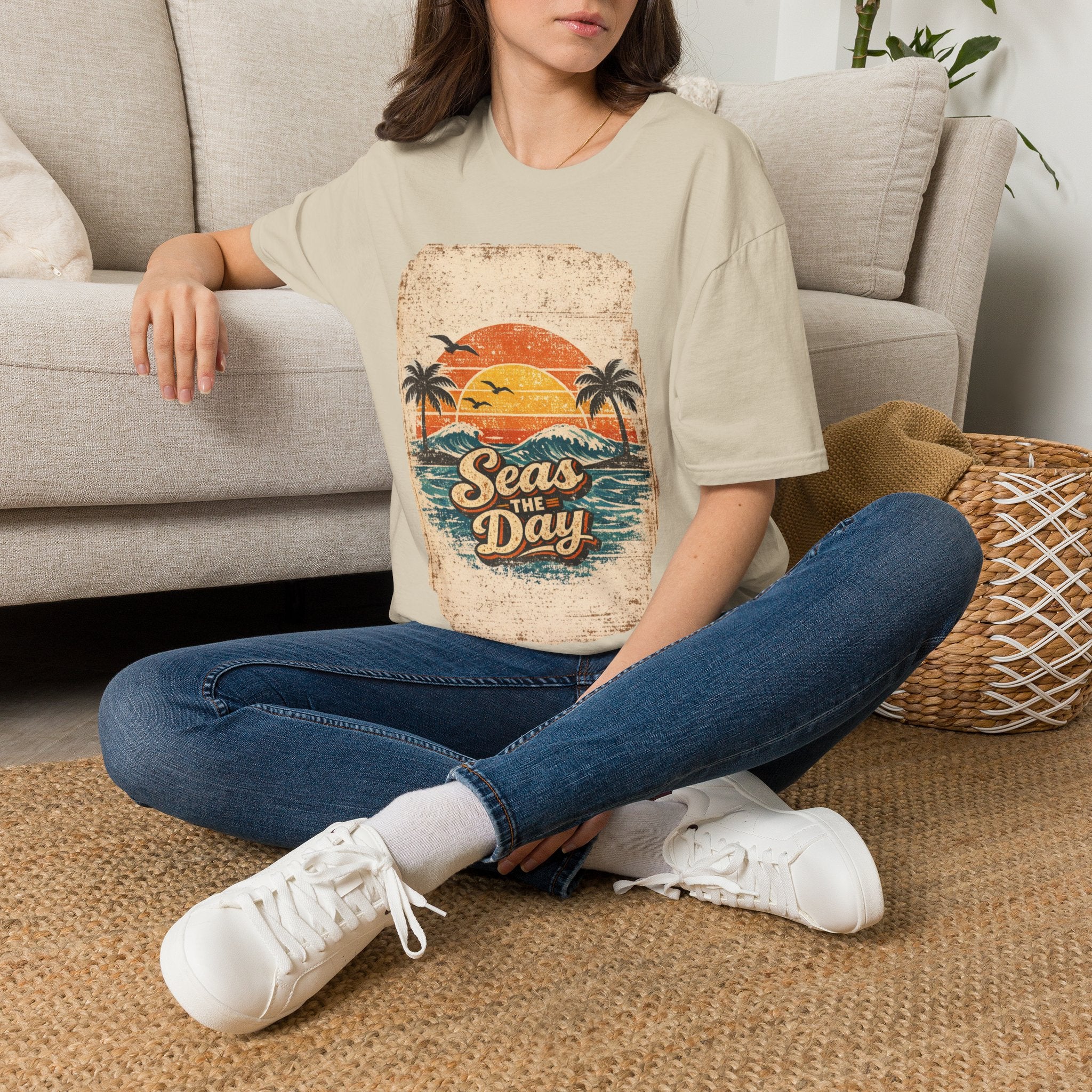 Unisex Softstyle T-Shirt, Seas The Day Beach Shirt, Retro Summer Vacation Tee, Ocean Lover T-Shirt, Coastal Graphic Tee