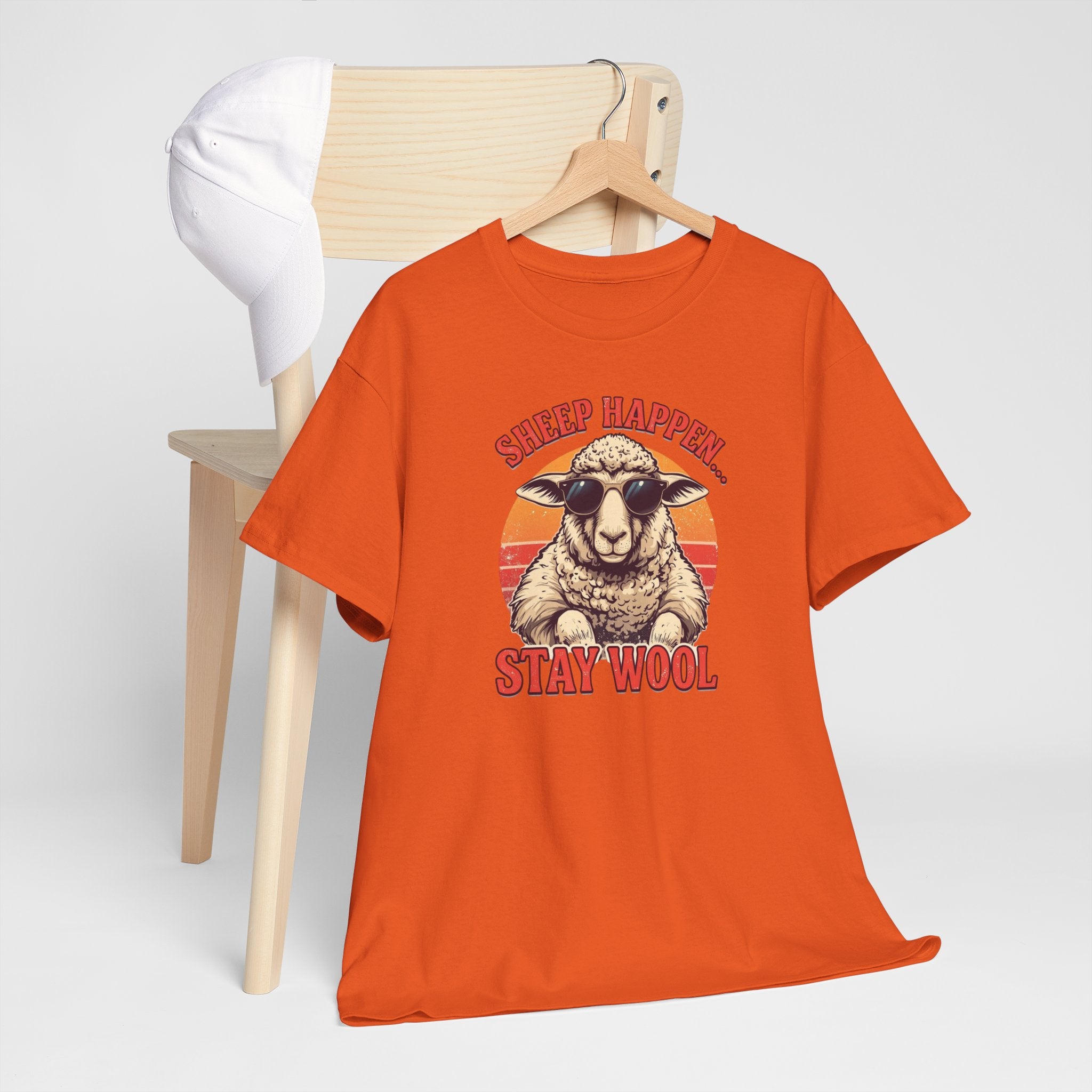 Unisex Heavy Cotton Tee,Sheep Happen Stay Wool Shirt, Retro Funny Sheep Tee, Vintage Animal Pun Shirt, Groovy Farm Humor T-Shirt, Cool Sheep Gift