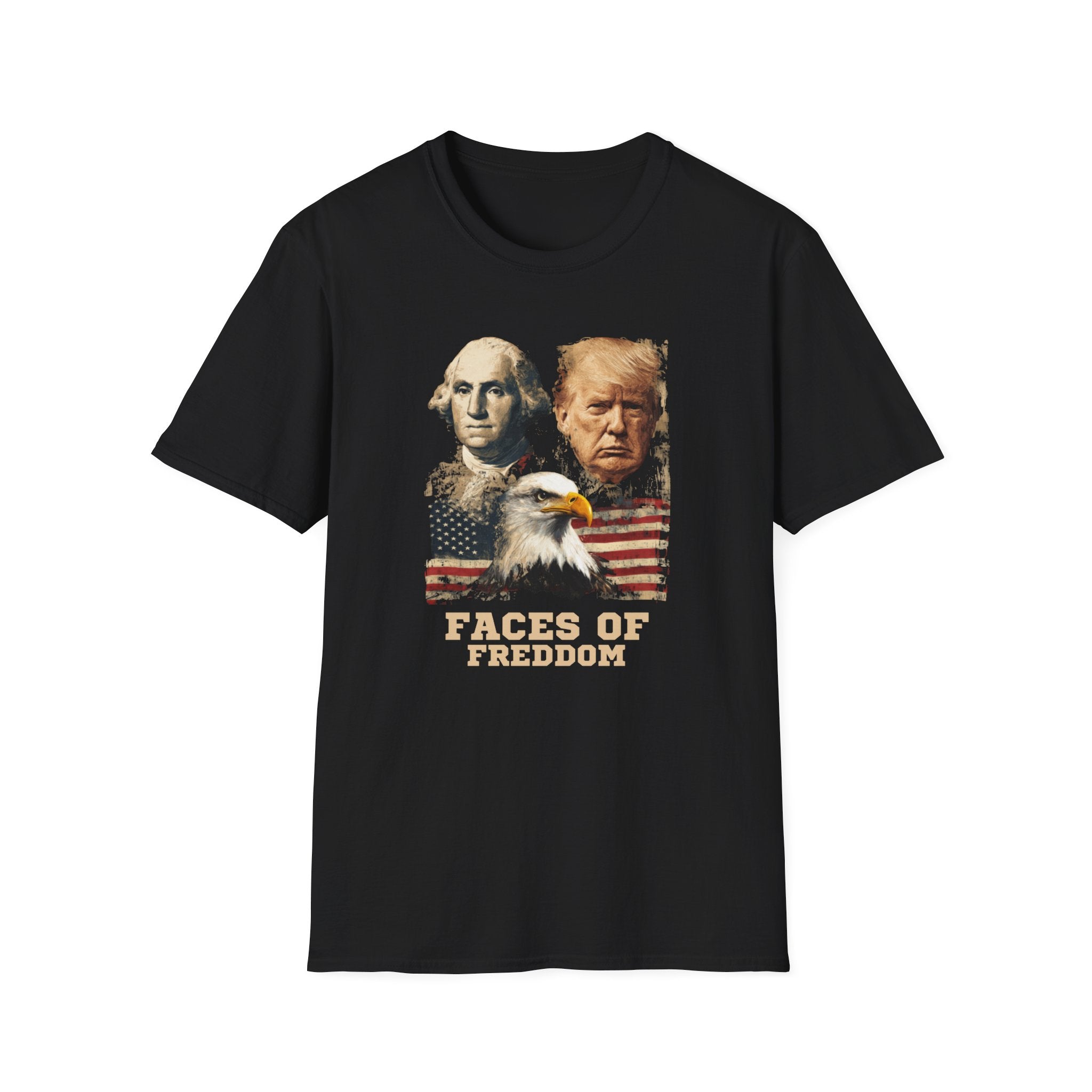Unisex Softstyle T-Shirt, Faces Of Freedom Shirt, Washington Trump Patriotic Tee, American Eagle Flag Shirt, 4th of July Split Design USA Shirt